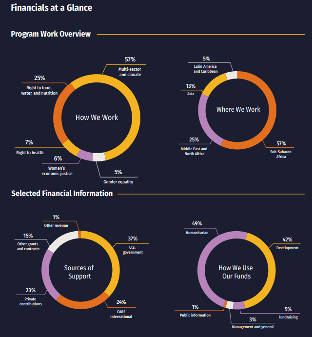 Screenshot from the CARE 2023 annual report showing four pie charts: how we work, where we work, sources of support, and how we use our funds