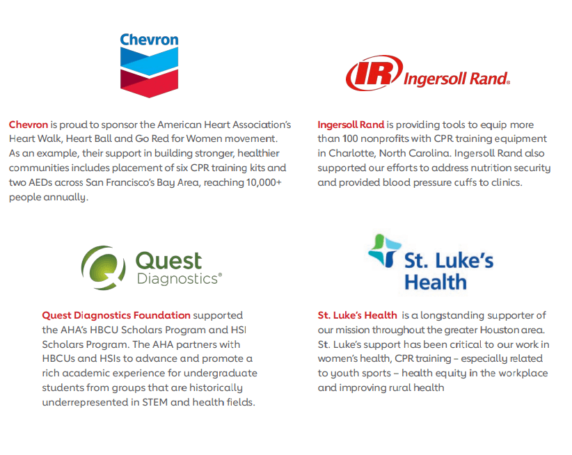 Corporate sponsors to AHA, including Chevron, Ingersoll Rand, Quest Diagnostics, and St. Luke’s Health