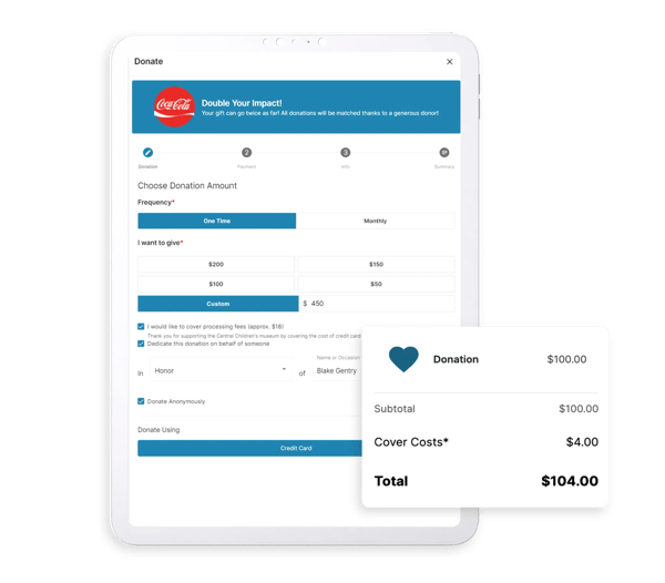 Example donation form with suggested giving amounts and a “Custom” option