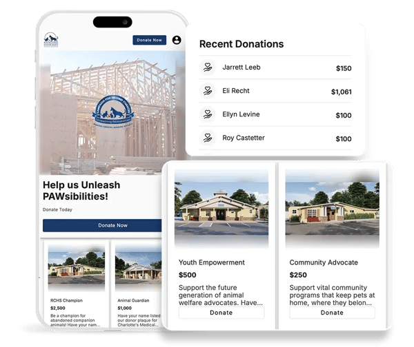 Example donation page with tiers labeled “Youth Empowerment,” “Community Advocacy,” “Animal Guardian,” and “RCHS Champion”
