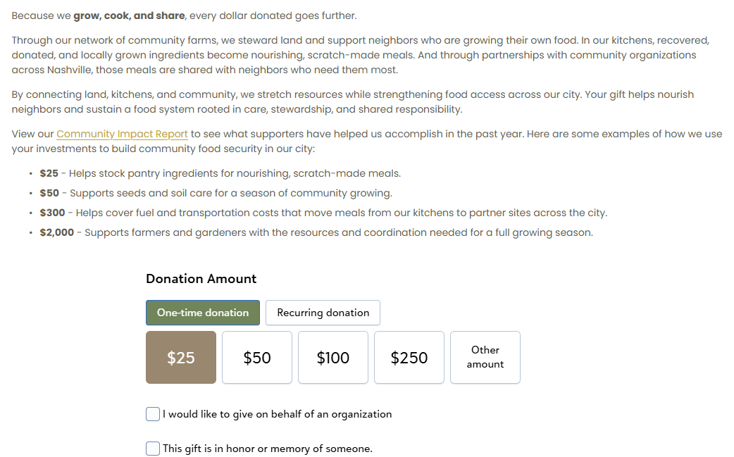 The Nashville Food Project donation page showing multiple suggested donation amounts, each with a description of what that amount can cover (e.g., “$25 - Helps stock pantry ingredients for nourishing, scratch-made meals”). 
